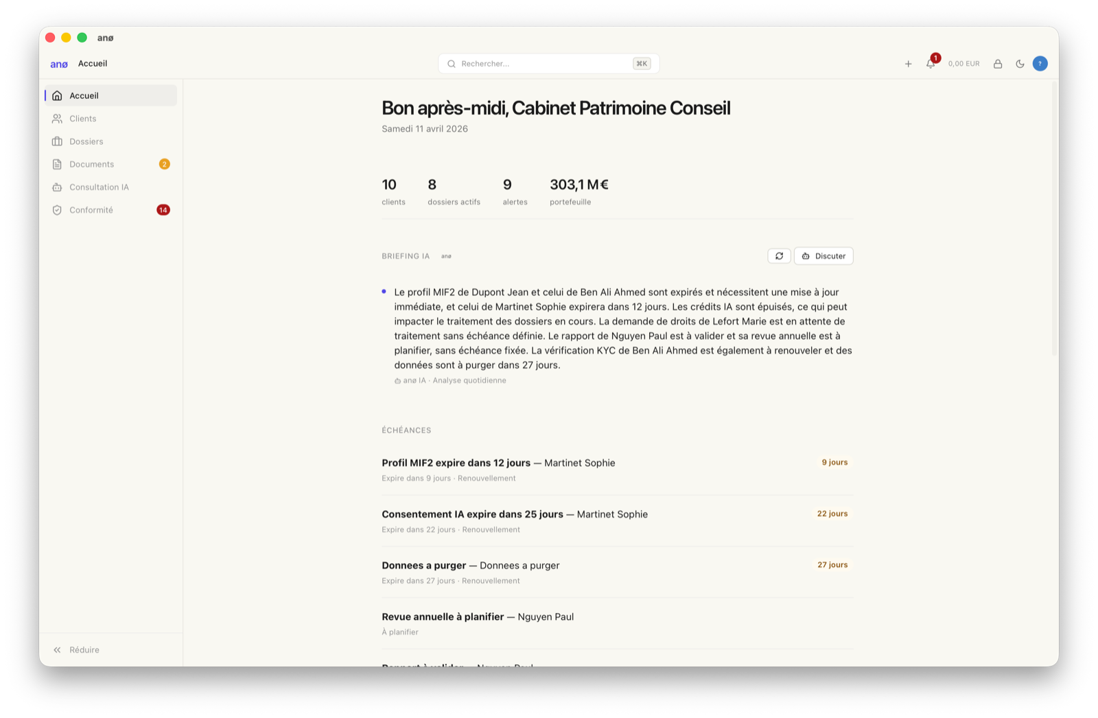 Tableau de bord anø — vue patrimoine et fiche client